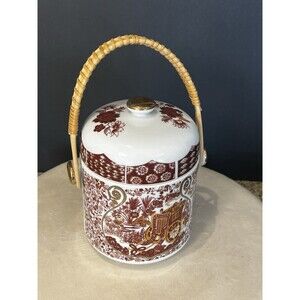 I. W. RICE & CO. Porcelain Trinket Box Painted Copper Motif, Lid & Bamboo Handle